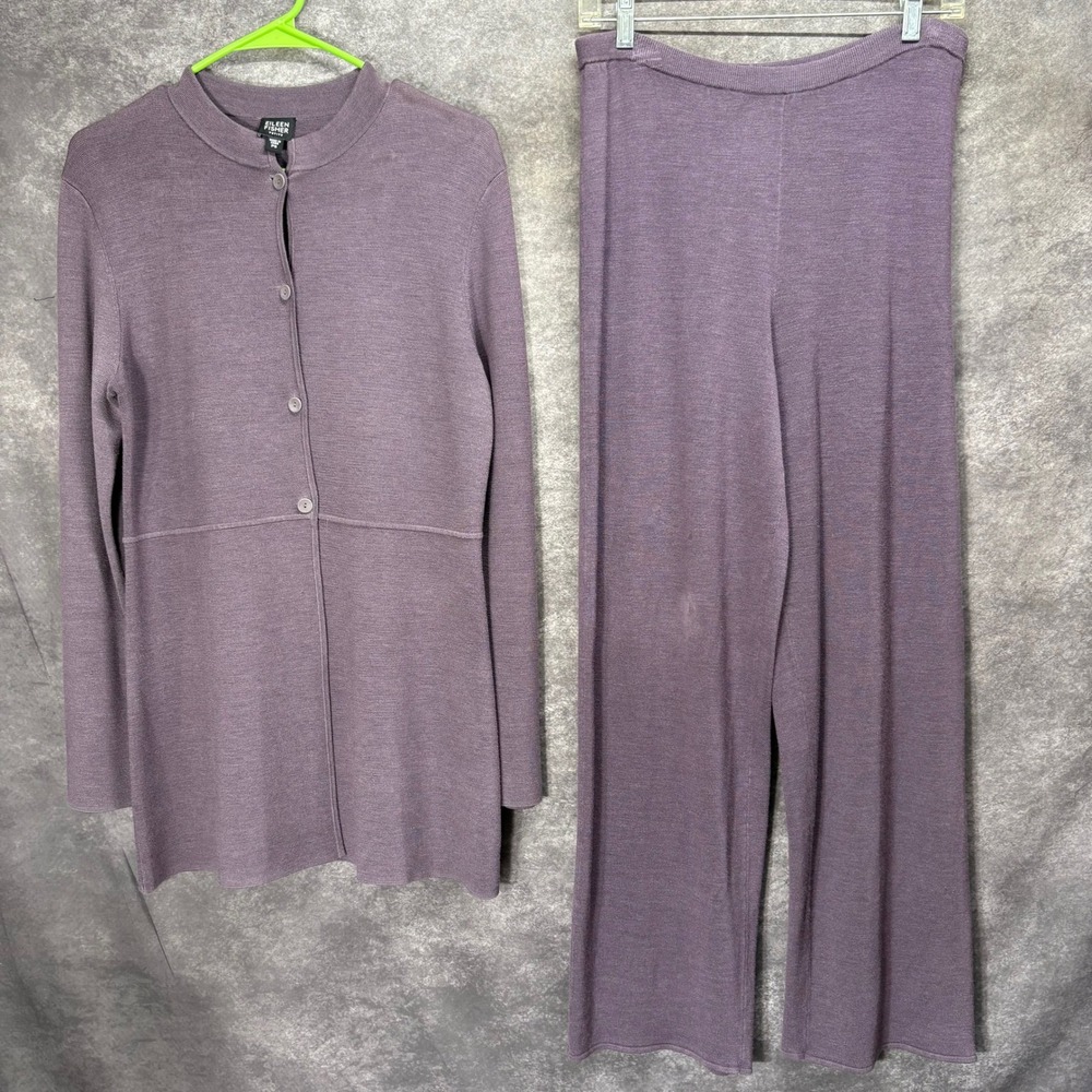 Eileen Fisher 2pc Set Cardigan Wide Leg Pants Silk Knit Size Petite Small Purple